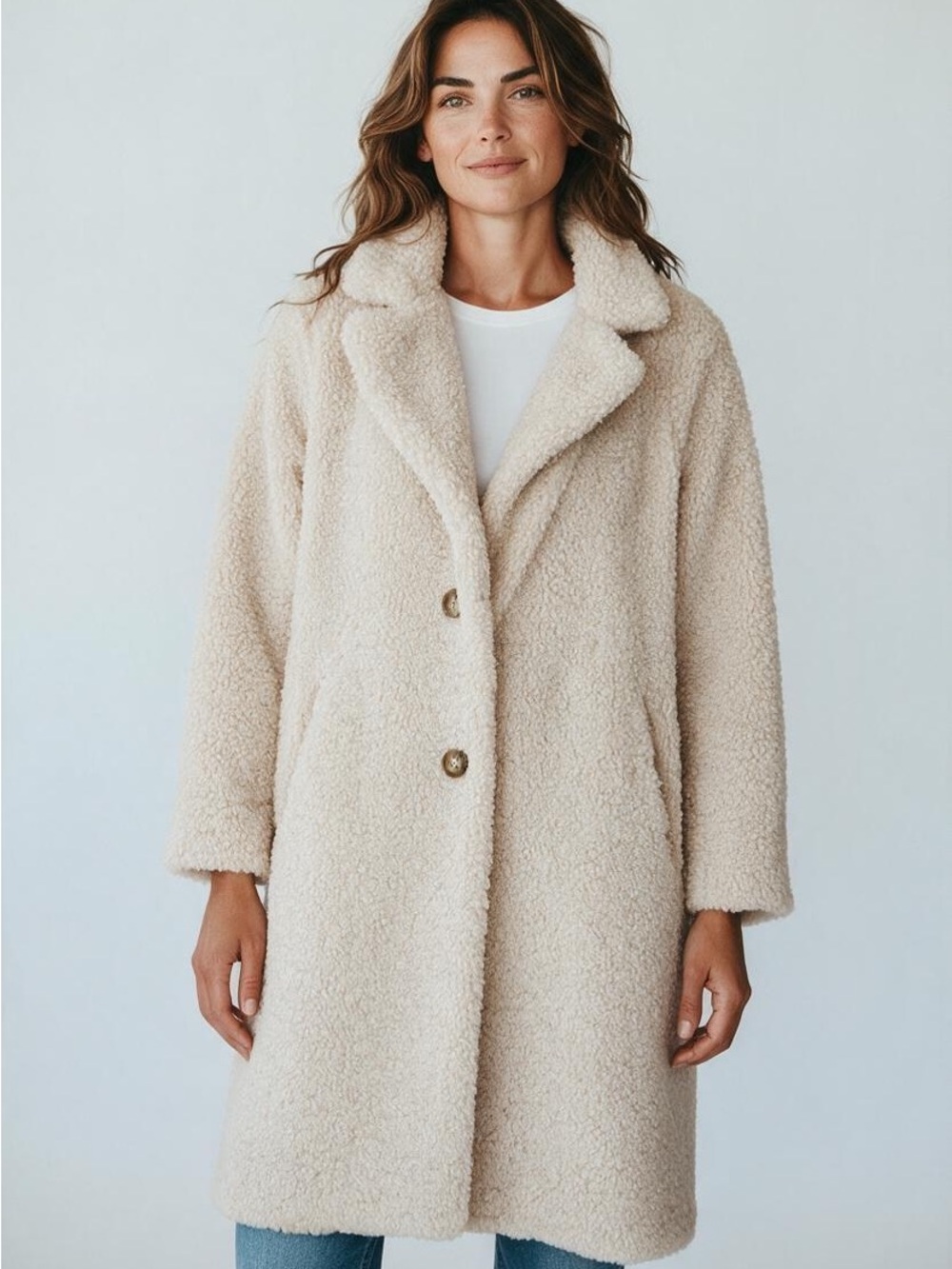 Gallery Cream Teddy Coat with Button Front